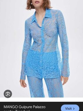 Mango Sheer Blue Guipure Lace Button-Down Shirt